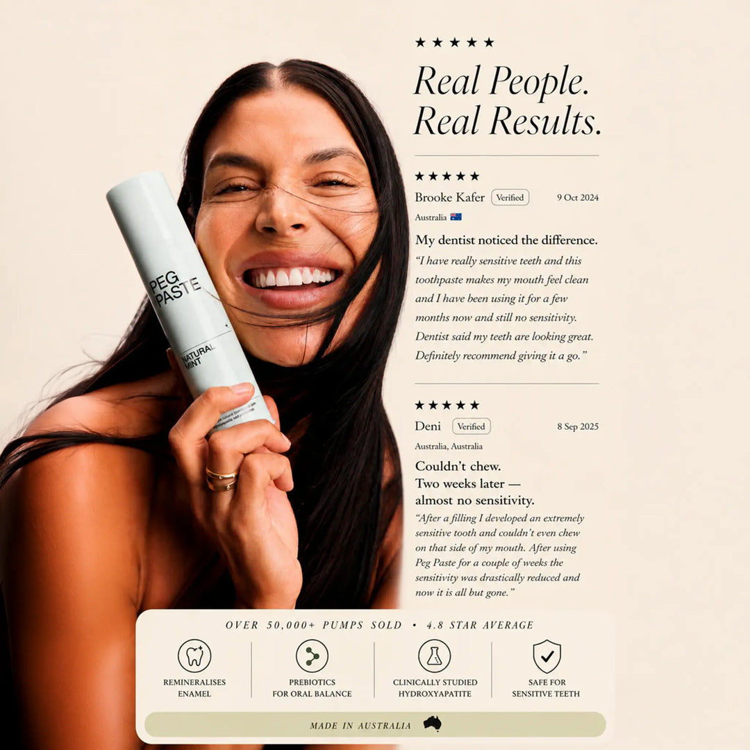 Woman holding a tube of Peg Paste with customer reviews and product details on a beige background